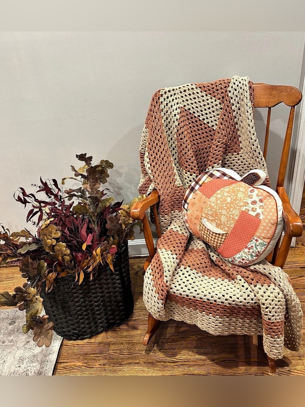 Handmade Crochet Geometric Blanket in Orange & Cream